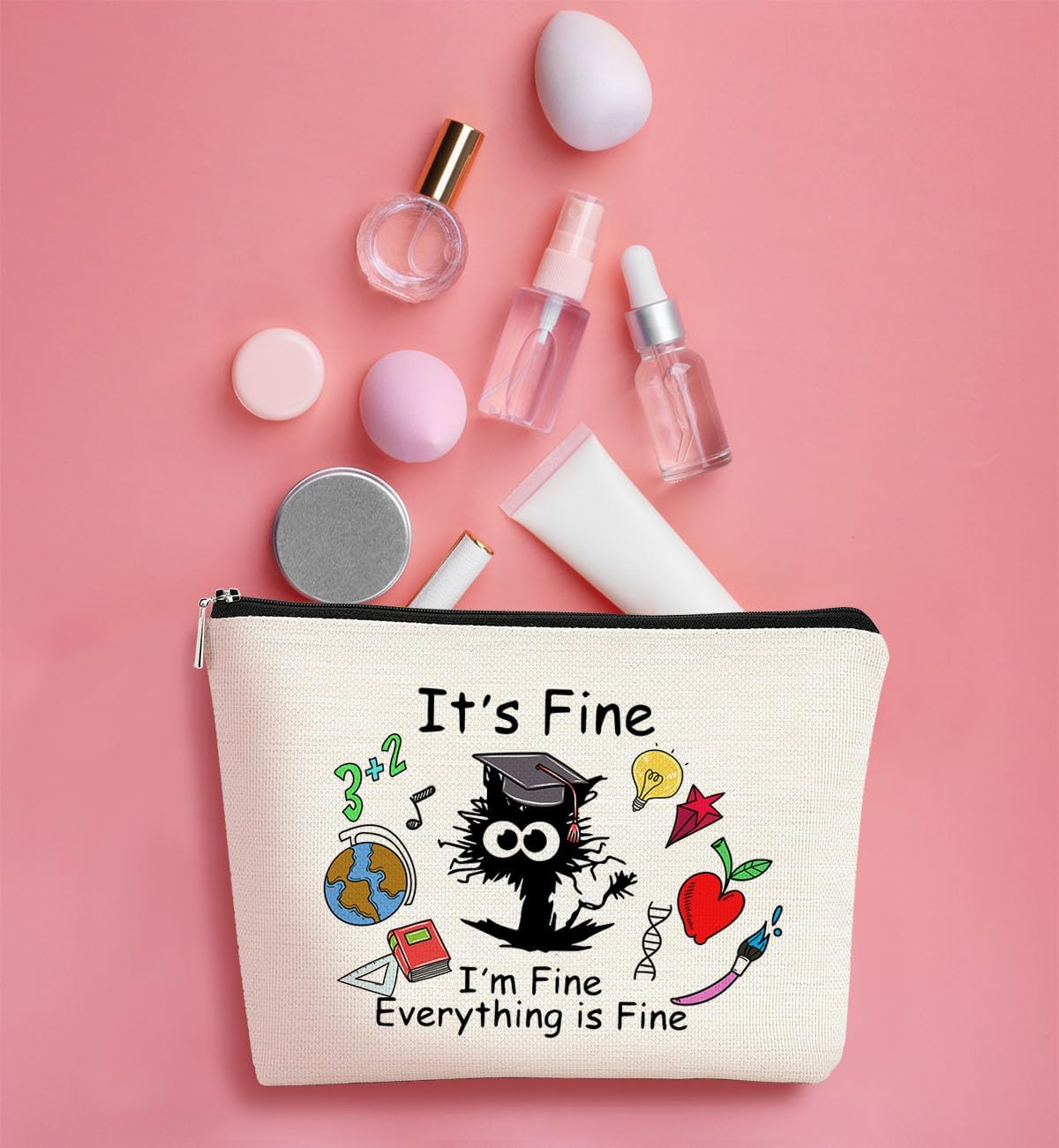 It's Fine Everything is Fine Cat Makeup Bag for Teen Girl Women,Cosmetic Bag Zipper Travel Toiletry Bag Best Gift Idea for Cat Lovers Teen Girls,Cat Owners Gifts,Birthday Gift,Graduation Gifts 2024 image 3