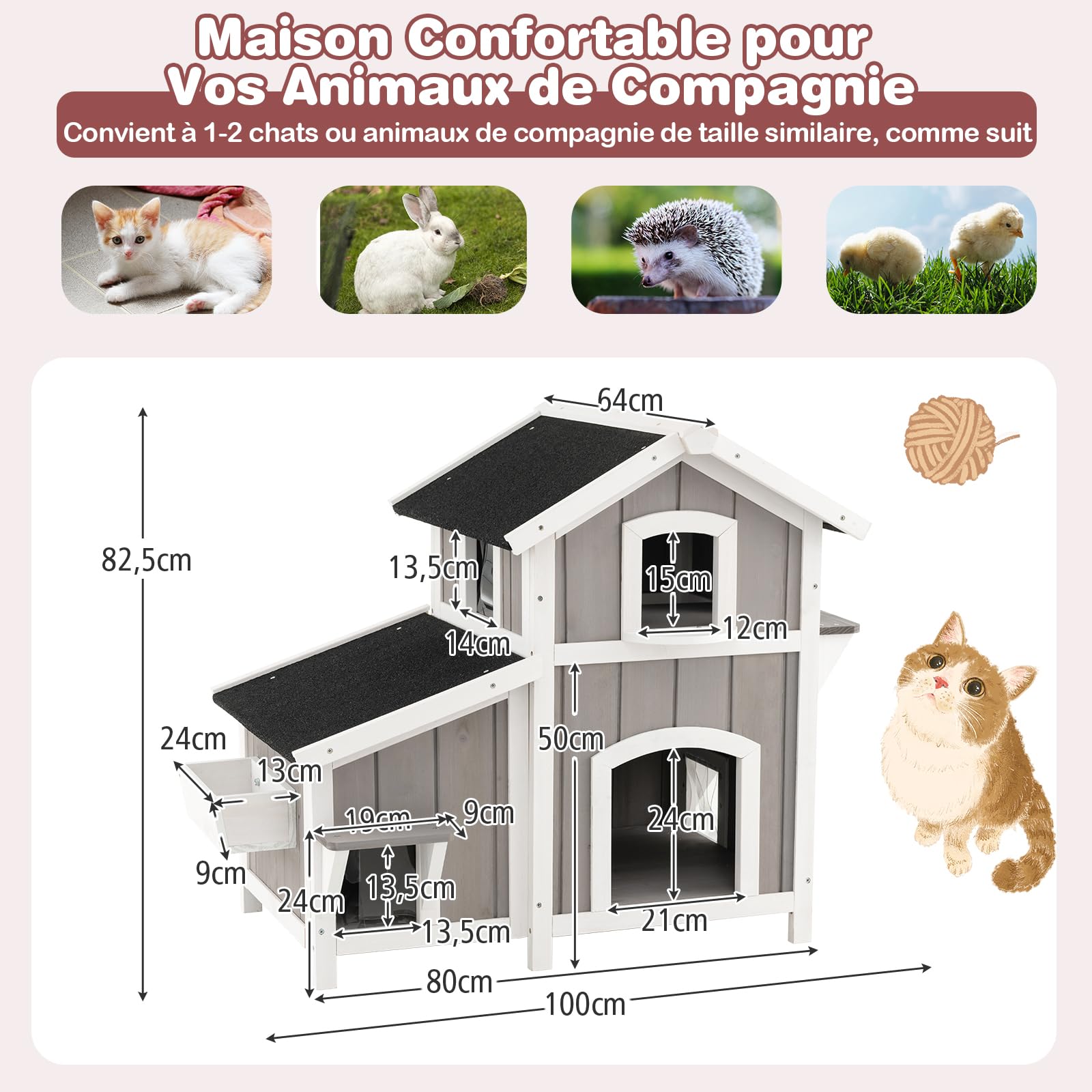 GOPLUS Maison pour Chats à 2 Étage en Bois Surélevée, 101x64x83CM