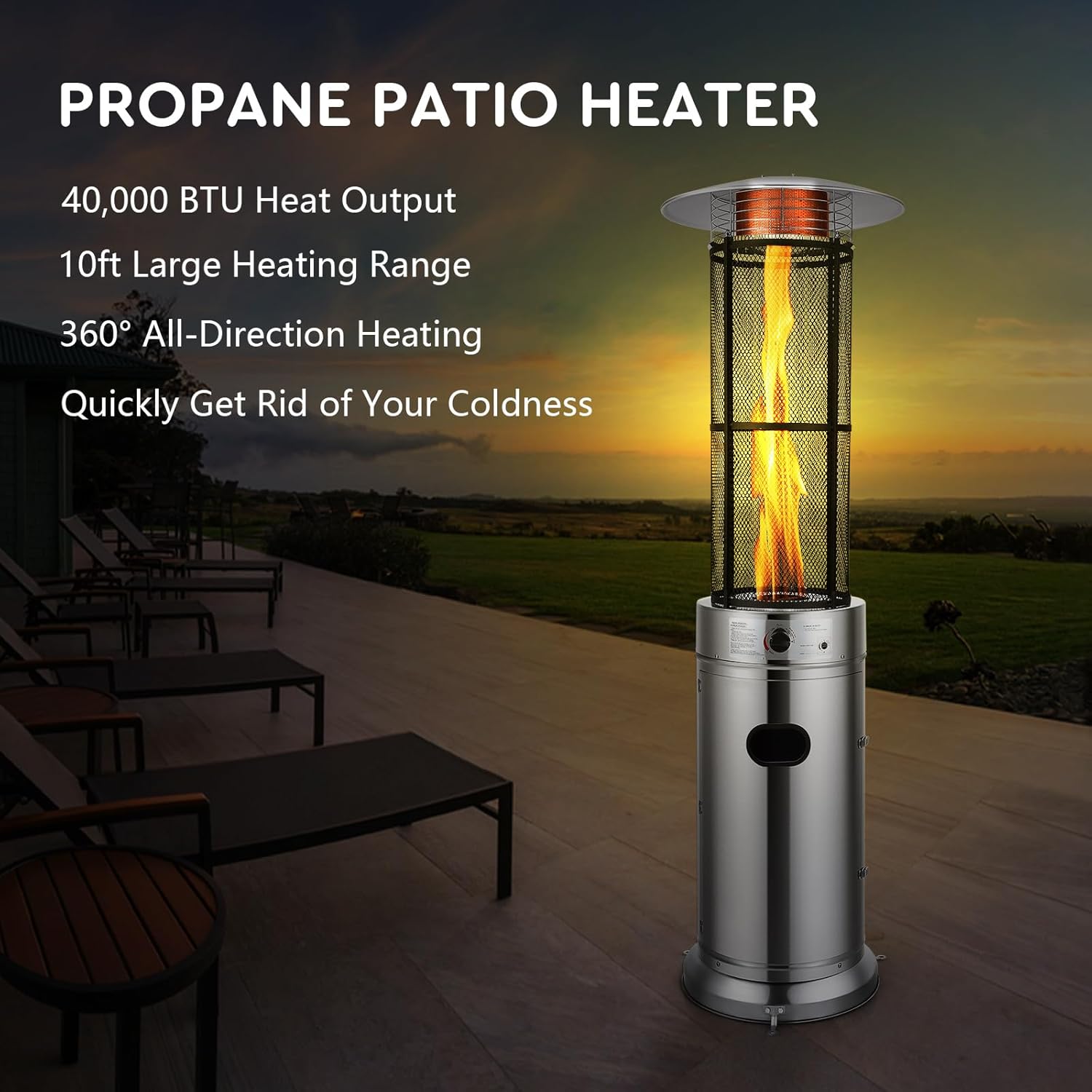 Giantex Propane Patio Heater, Floor-Standing Electric Heater w/Wheels, Dancing Flame, Quartz Glass Tube, Stainless Steel, Round Space Heater, Outdoor Heaters for Backyard, Balcony, BBQ Party, Silver