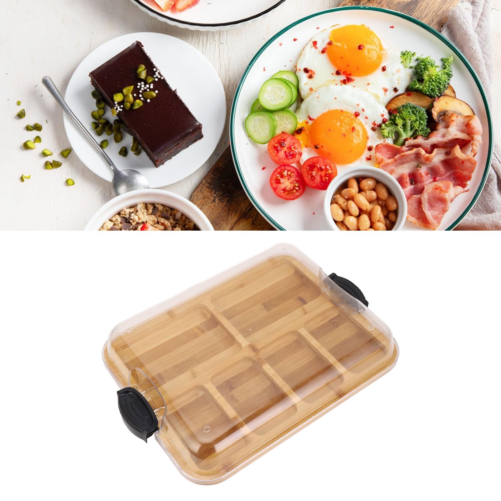 Tabla de Embutidos con Tapa, Tabla de Queso y Tabla de Cortar de Madera de bambú, 6 Compartimentos para Presentación de Embutidos, con Tapa Transparente con Cierre para Regalo
