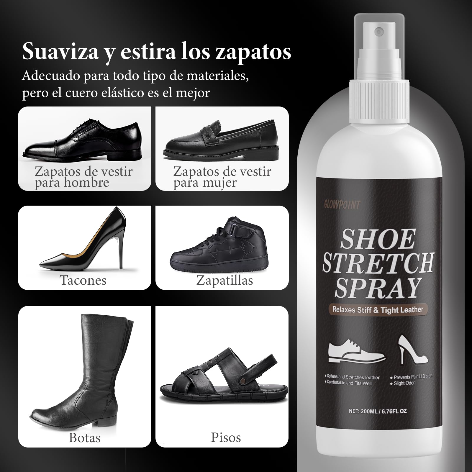 Spray Estirador de Zapatos, 200 ml Spray Estirador de Botas para Hombre y Mujer, Ablandador de Cuero Profesional para Aliviar el Calzado Ajustado, Ensanchador de Zapatos para Cuero, Gamuza,