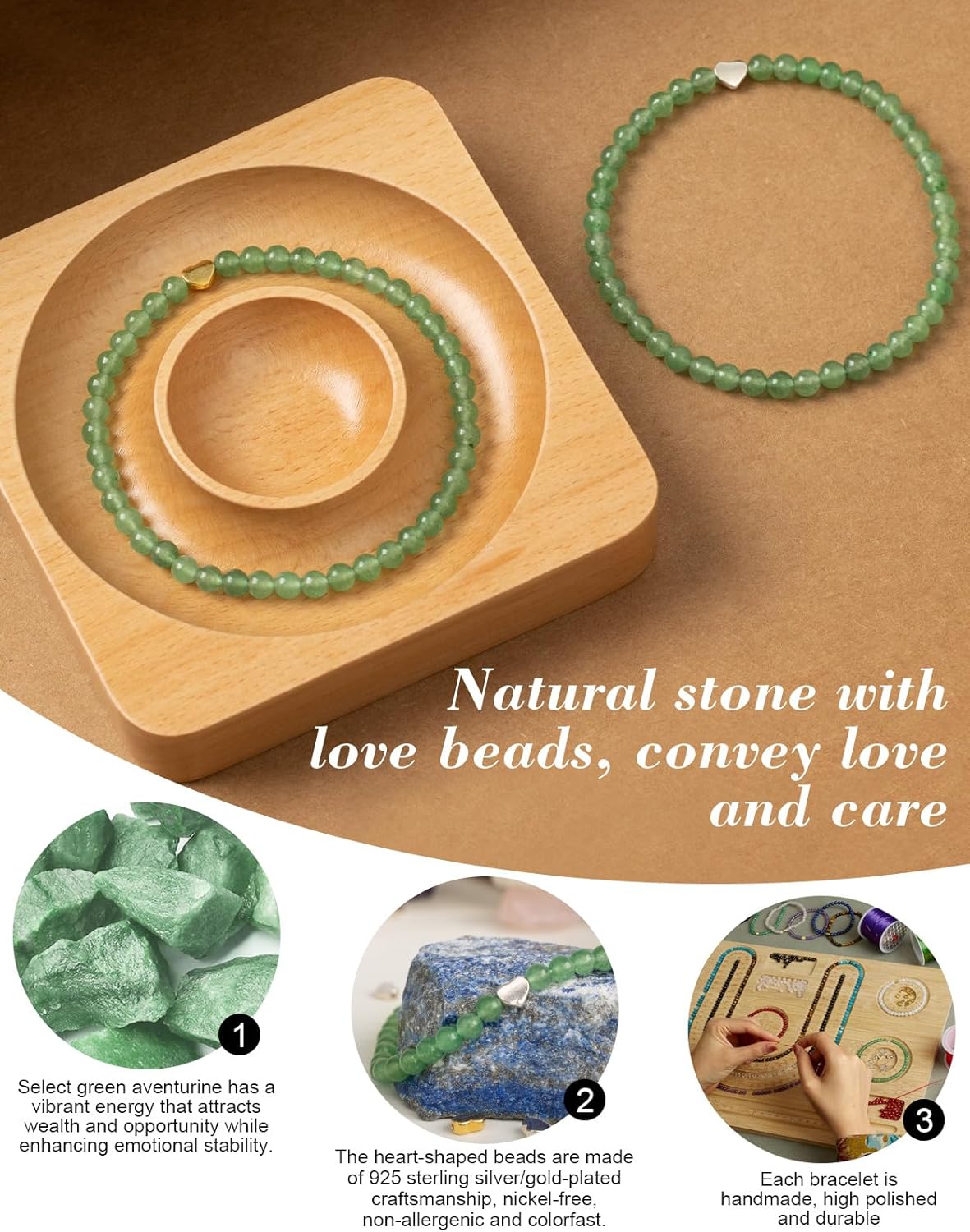 Handmade Beaded Bracelets for Women, 4mm Natural Stone Crystal Healing Gemstone with 925 Gold Silver Heart Beads, Yoga Meditation Stretchy Bracelet, Love Jewelry Gift - Image 3