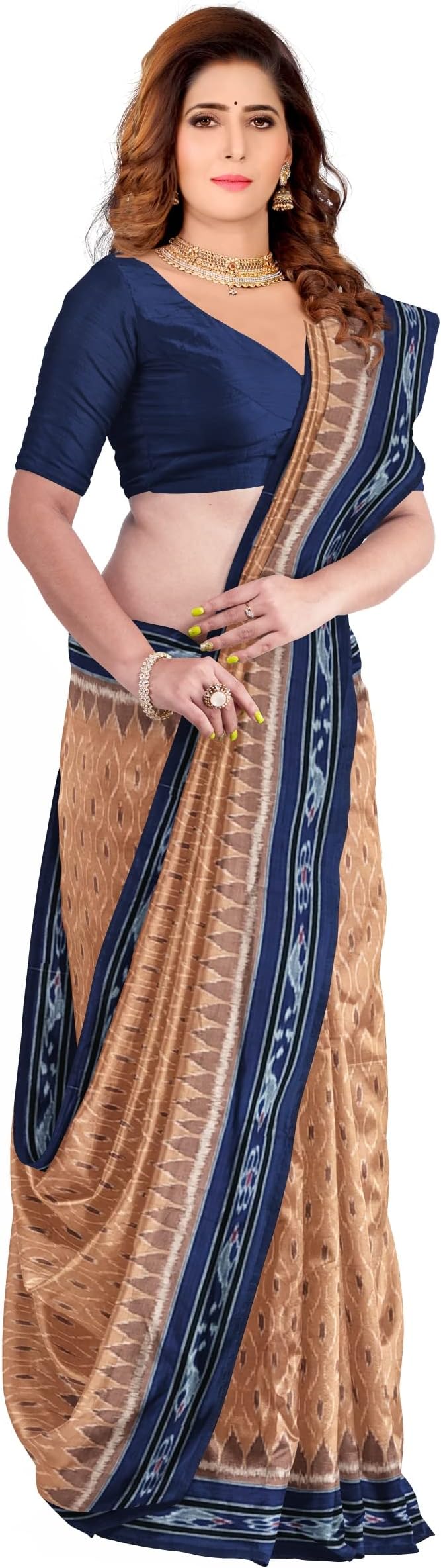 FLOWRINA Odisha Sambalpuri Handloom Ikat Women's Cotton Saree, Odisha Handloom Handmade Pure Cotton Khandua Saree, Ikkat Orissa Traditional Handloom Saree Without Blouse (Brown, FLOW 326)