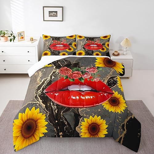 Manfei Juego de edredón sexy de labios rojos, tamaño Queen, juego de edredón de girasol amarillo con 2 fundas de almohada, juego de ropa de cama de