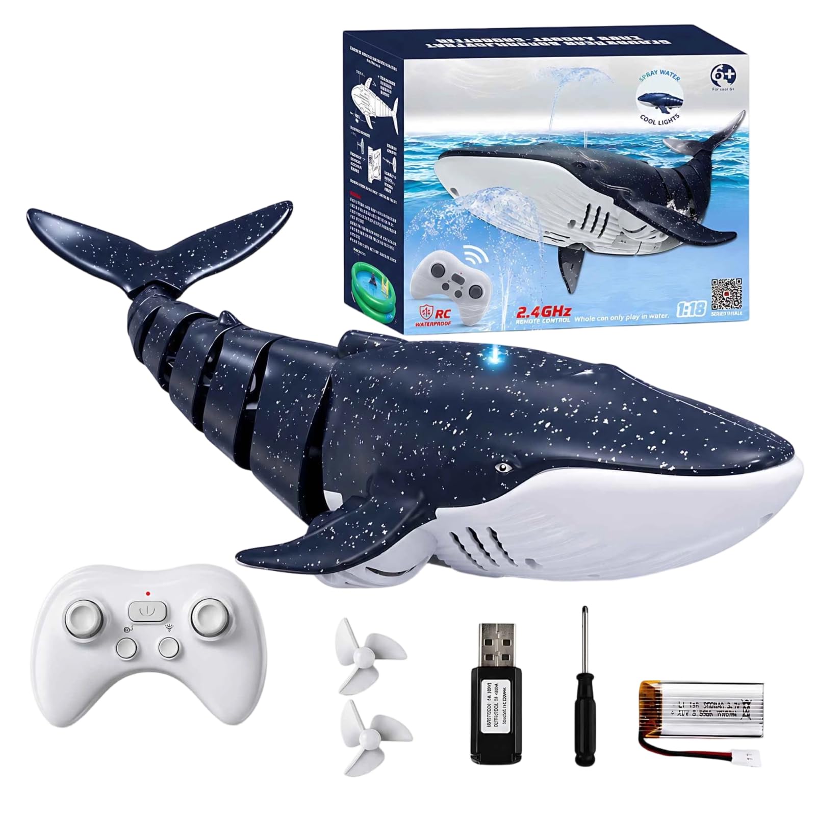 2.4Ghz Remote Control Whale Shark Toys for Boys Kids, 1:18 Scale High Simulation Whale Shark for Pool, Electric RC Shark Fish Toys with Light & Spray Water Function for Kids (Blue)