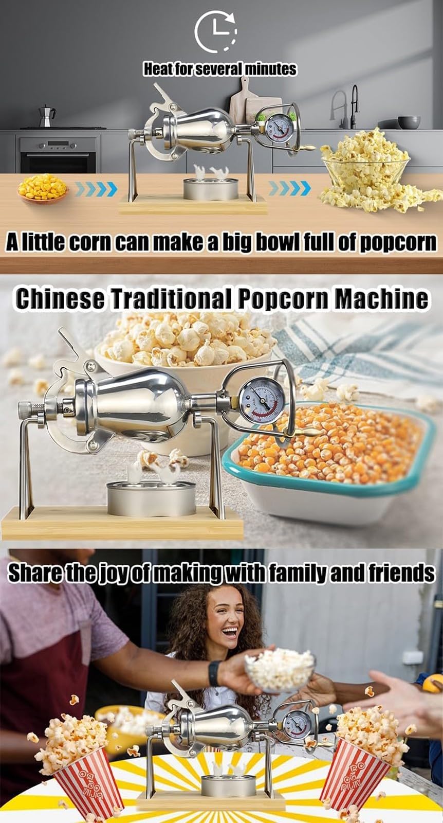 Macchina per Popcorn ad Alta Pressione, Cuociriso Soffiato ad Aria Calda, Cannone per Popcorn Manuale In Acciaio Inossidabile, Piccolo Popper per Popcorn da Fornello Vecchio Stile(338ml)