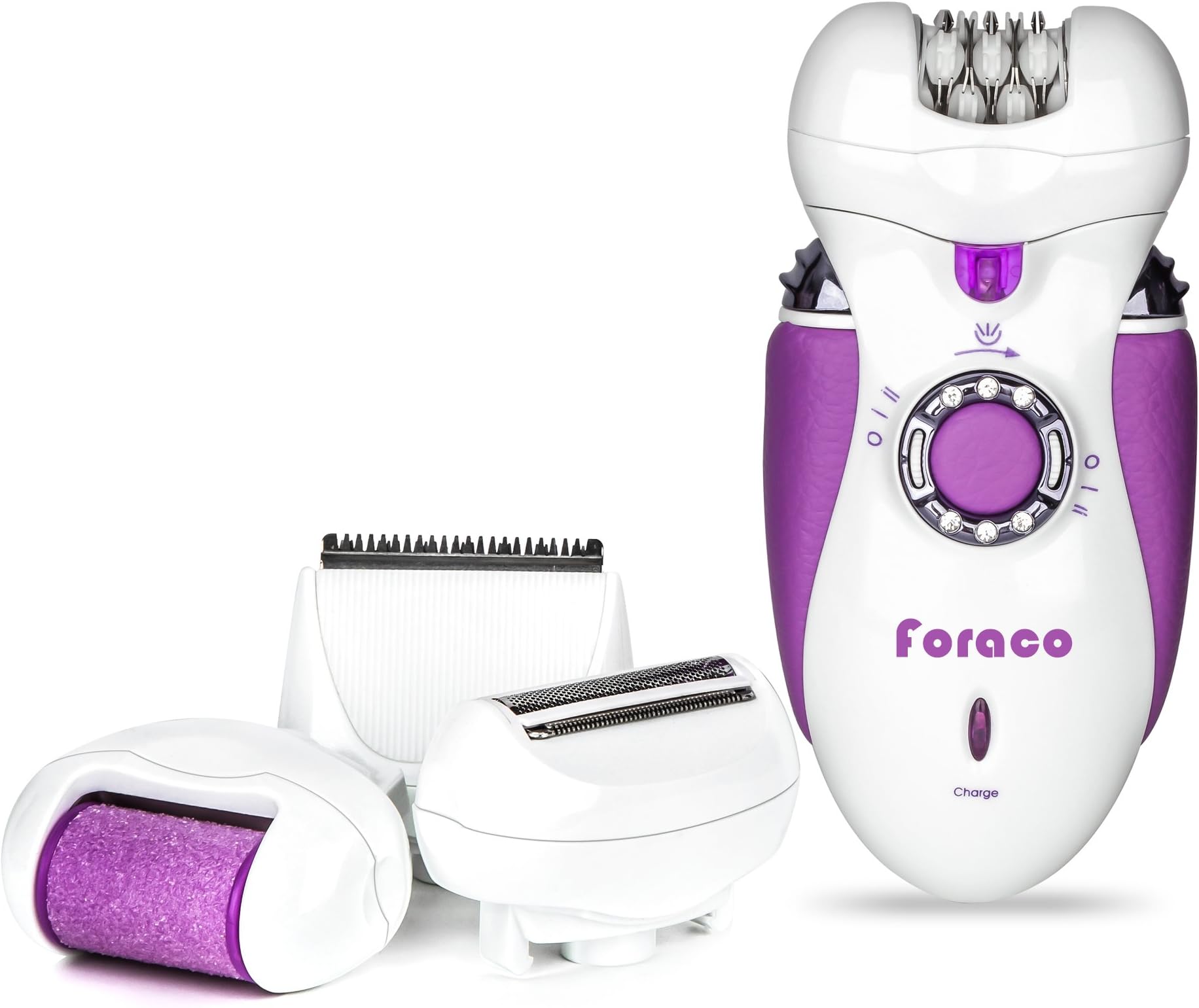 Epilator for Women, Foraco 4 in 1 Rechargeable Electric Hair Removal Epilator with Electric Razor, Wet & Dry, Cordless (Purple)