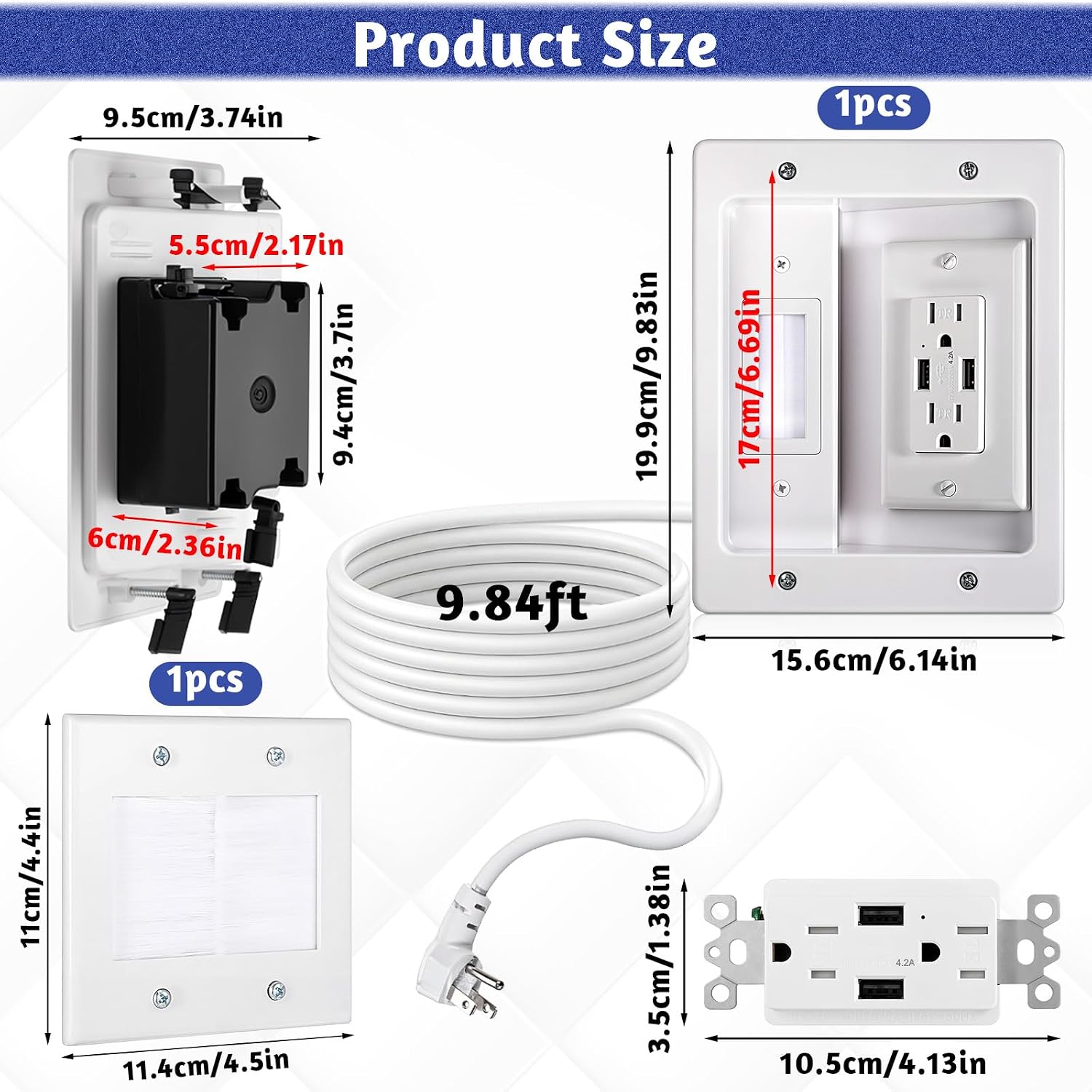 in Wall Cable Management Kit with Brush Wall Plate, AC Outlets & USB Ports | 9.8ft Cord, Recessed Outlet Box, for Walls Mount TV with Cable Management Box, in Walls TV Connection Kit, White