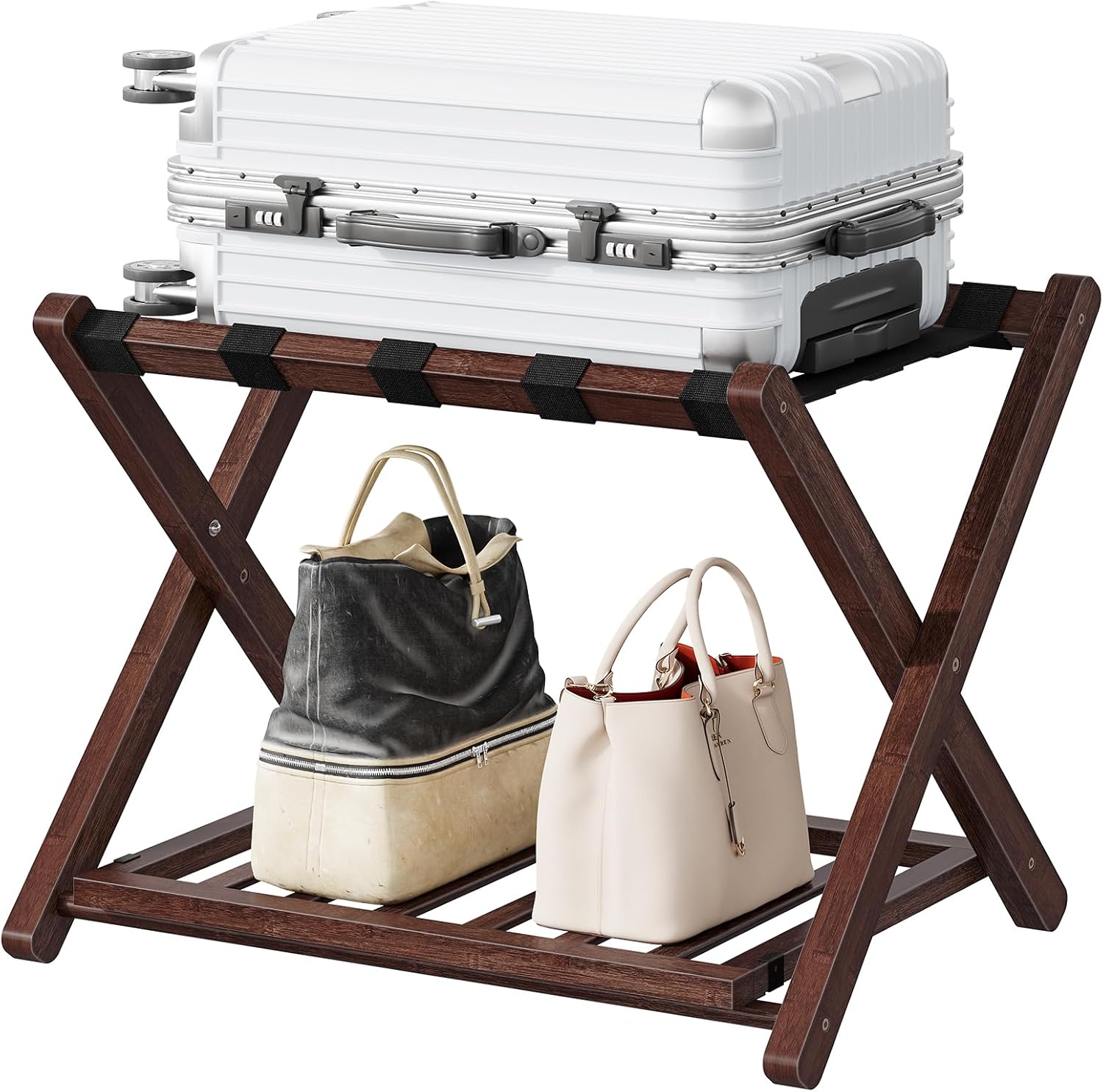 HOOBRO Luggage Rack, Folding Luggage Holder, Bamboo Suitcase Stand for Guest Room, with Nylon Strap Support Shelf, Holds up to 110 lb, for Hotel, Bedroom, Brown BR19XL01