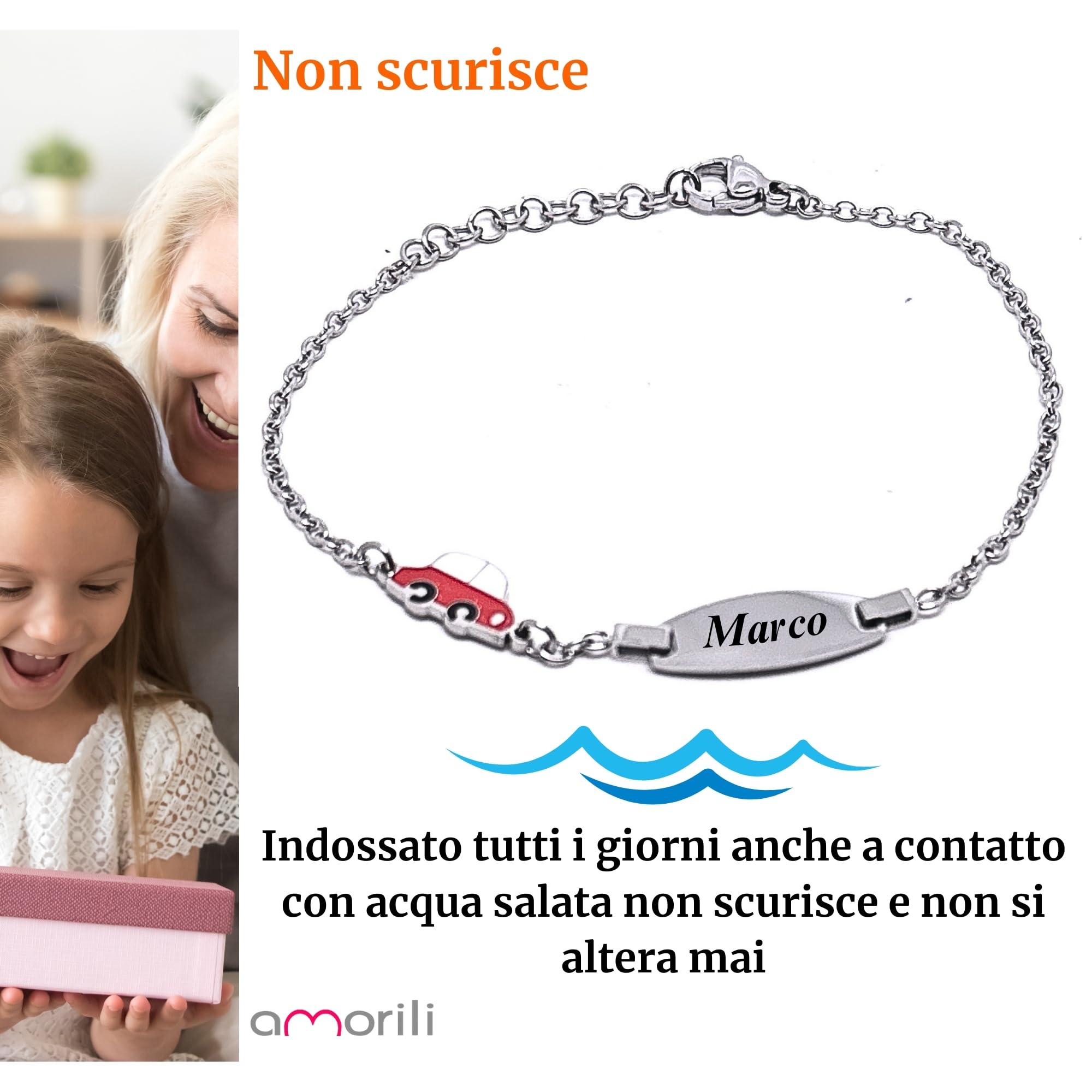 Bracciale Bimbo Personalizzato in Acciaio Inox – Incisione Gratuita Nome o Data – Idea Regalo Battesimo, Nascita o Compleanno bcc3105