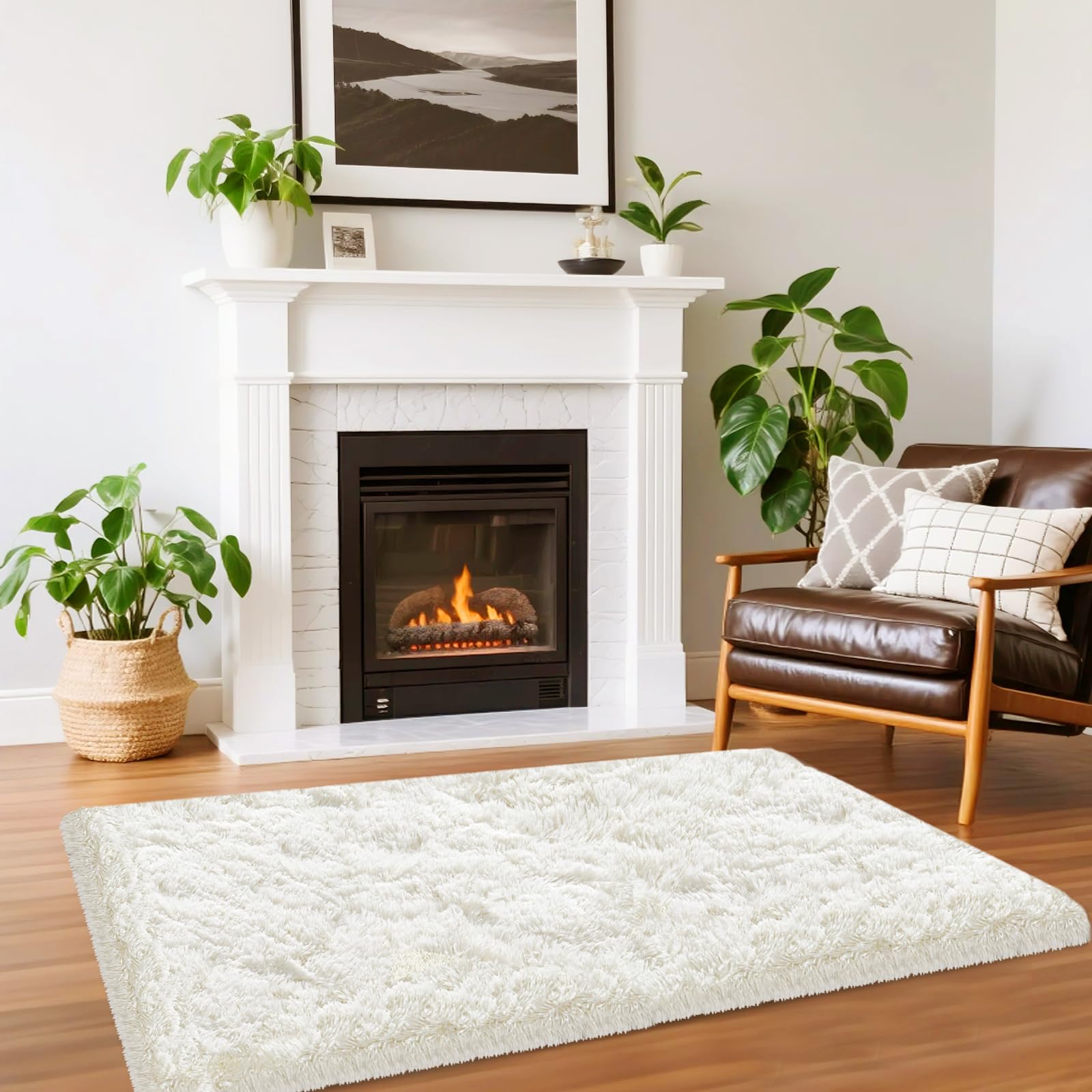 Hochflor Teppich Wohnzimmer 60x110cm, Creme Shaggy Teppich für Schlafzimmer Flauschige Teppiche, Modern Shag Wohnzimmerteppich Bettvorleger High-Pile Carpet rutschfest für Schlafzimmer Kinderzimmer