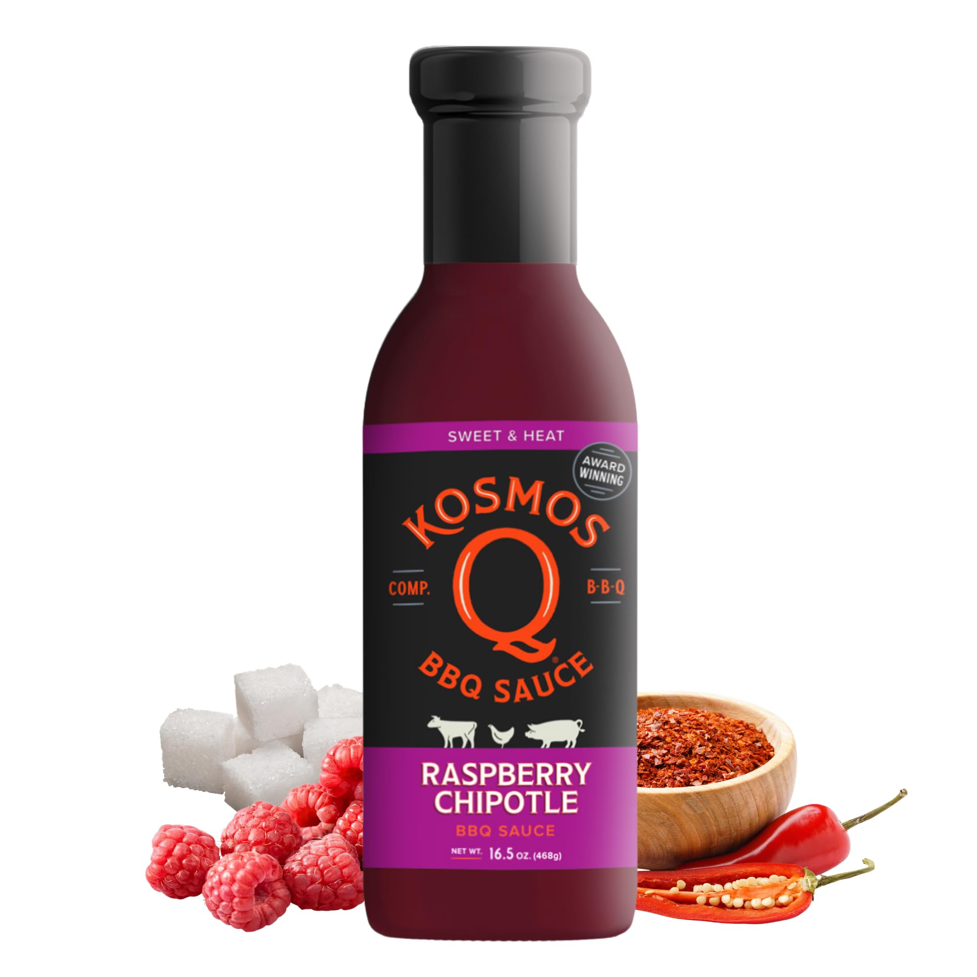 Kosmos Q Raspberry Chipotle BBQ Sauce, Sweet & Spicy BBQ Sauce with Real Raspberries & Chipotle Peppers, Bold Barbecue Sauce for Pork, Chicken,