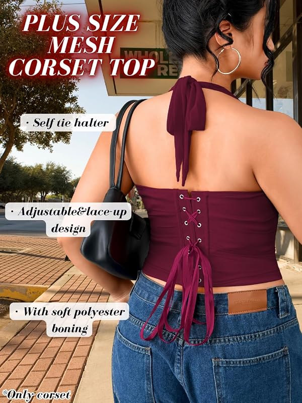 ChiaoLezhee Women's Plus Size Sexy Halter Boned Corset, Square Neck Mesh Lace Up Crop Top, Club Going Out Outfits, Burgundy, 4X-Large by ChiaoLezhee - Image 2