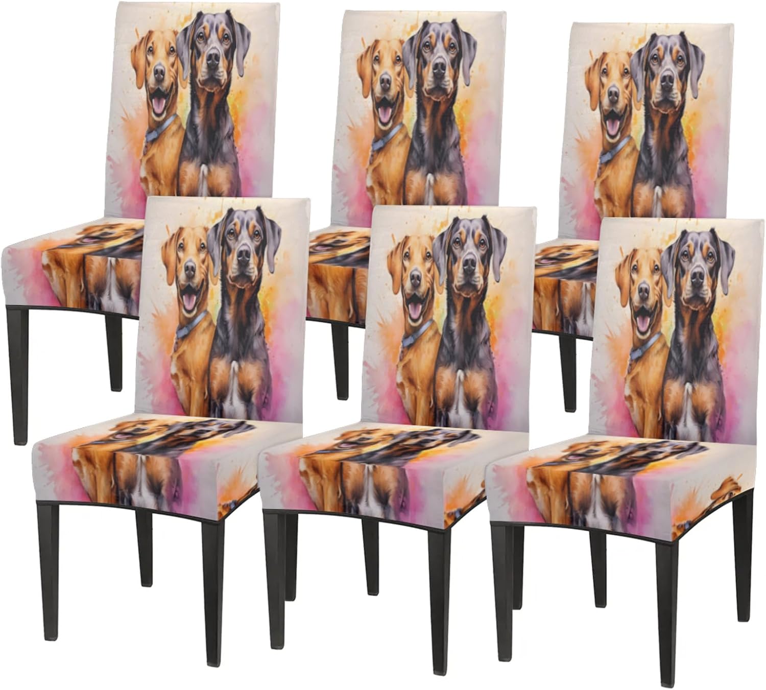 QsirBC Dogs Watercolor Stretch Dining Room Chair Covers Set of 6 Chair Slipcovers Removable Washable Kitchen Seat Covers Chair Protectors for Hotel Party Wedding
