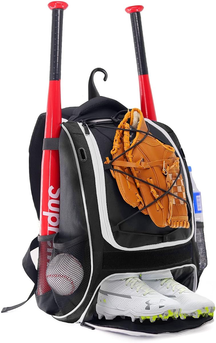 WOLT Bolsa de béisbol juvenil: mochila de bate para equipo y equipo de béisbol, T-Ball y Softbol, soporte para bate y guantes, compartimento principal grande para casco y accesorios, compartimento separado para zapatos, gancho para valla