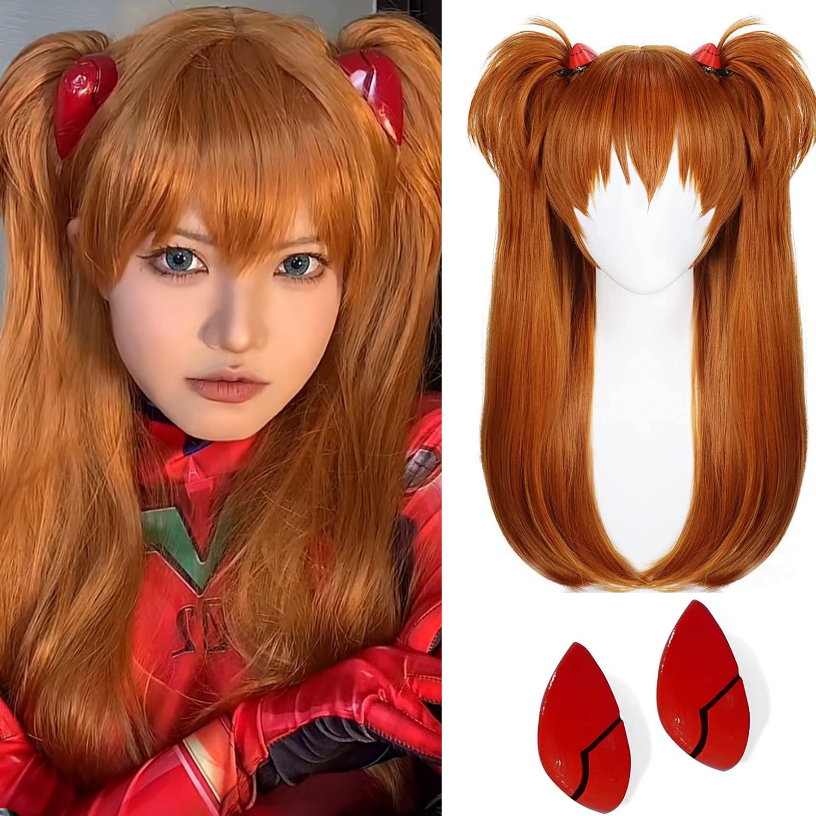 JoneTing+{Wig Cap) Cosplay for Women Long Ginger Orange Ponytails Wigs with Bangs for Anime Cosplay Peluca Naranja Jengibre Straight Pigtail Wig for Halloween Kawaii Wig for Girl Costume