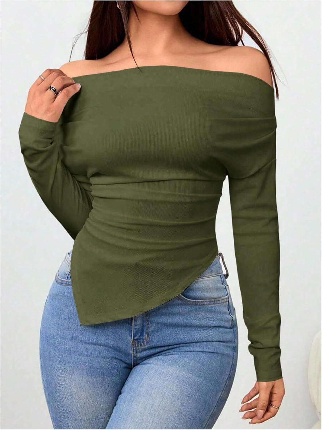 SOLY HUX Women's Off The Shoulder T Shirt Long Sleeve Asymmetrical Ruched Fitted Tee Going Out Tops - Image 4