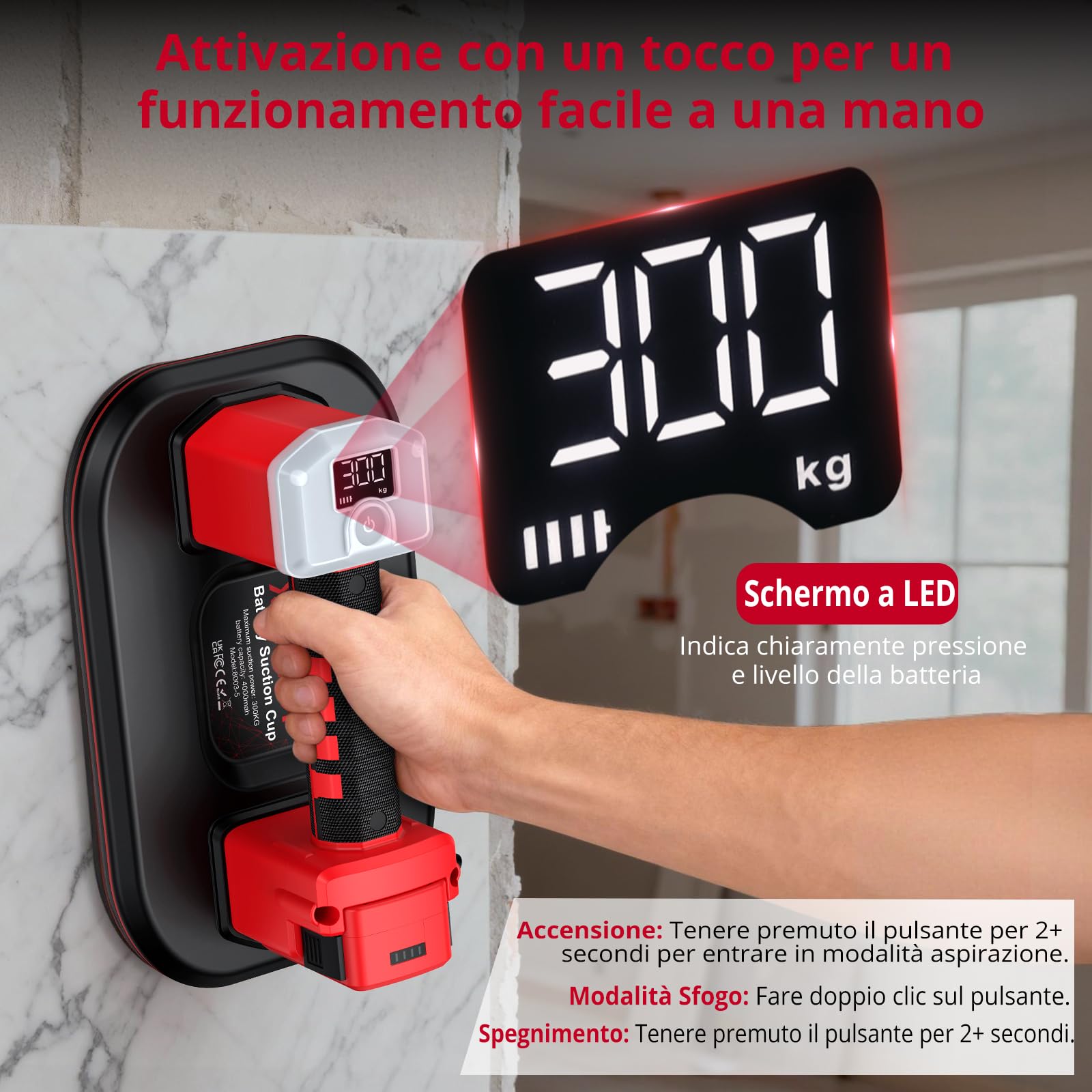 XUNTOP 10" Ventosa a Batteria Professionale 300KG a Doppio Motore 9000 Giri/min con Display LCD, Sollevatore Elettrico Aspirazione Automatica per Piastrelle e Vetro, con Extra Batteria di Ricambio