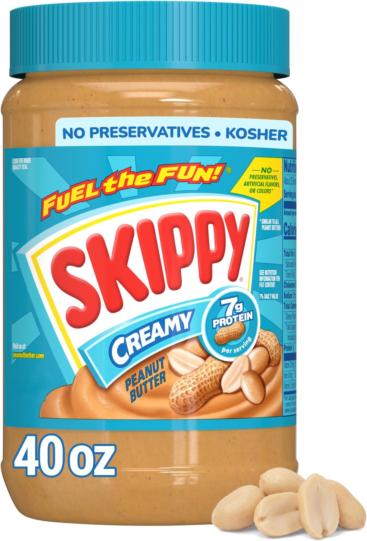 SKIPPY Creamy Peanut Butter, Plant Based Protein, 40oz x1 | No Stir Peanut Butter, Dippable, Gluten-free, Perfect for Baking, Smoothies & Protein Snacks