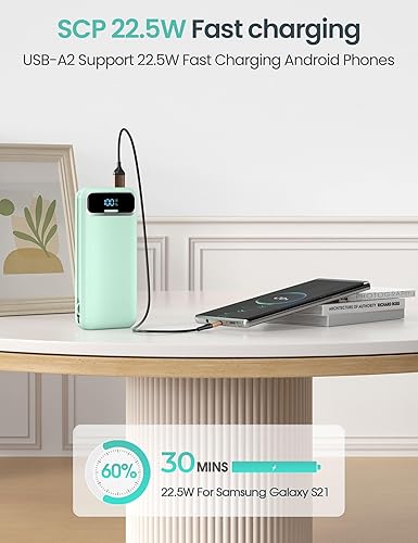 Miniatura 6 de Cargador portátil ligero de 12000 mAh con cables integrados y enchufe de pared de CA, batería de carga rápida PD20W USB-C, pantalla LED, cargador