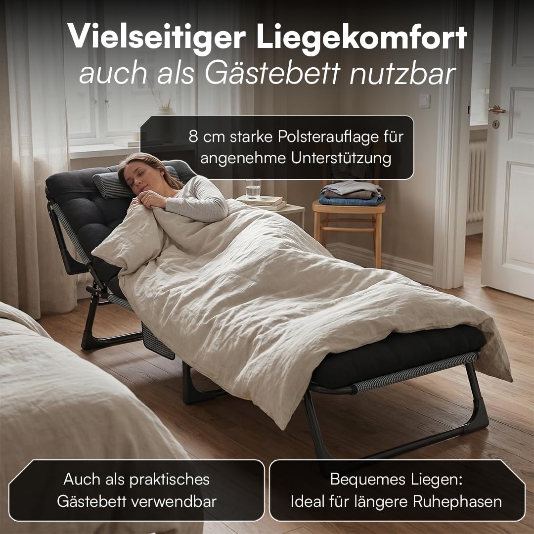 STEELSØN Nysaris Sonnenliege Klappbar – Strandliege in Grau/Schwarz – Outdoor Gartenliege wetterfest – Liegestuhl mit Polsterauflage – leichte Campingliege verstellbar mit Seitentasche – bis 180 kg