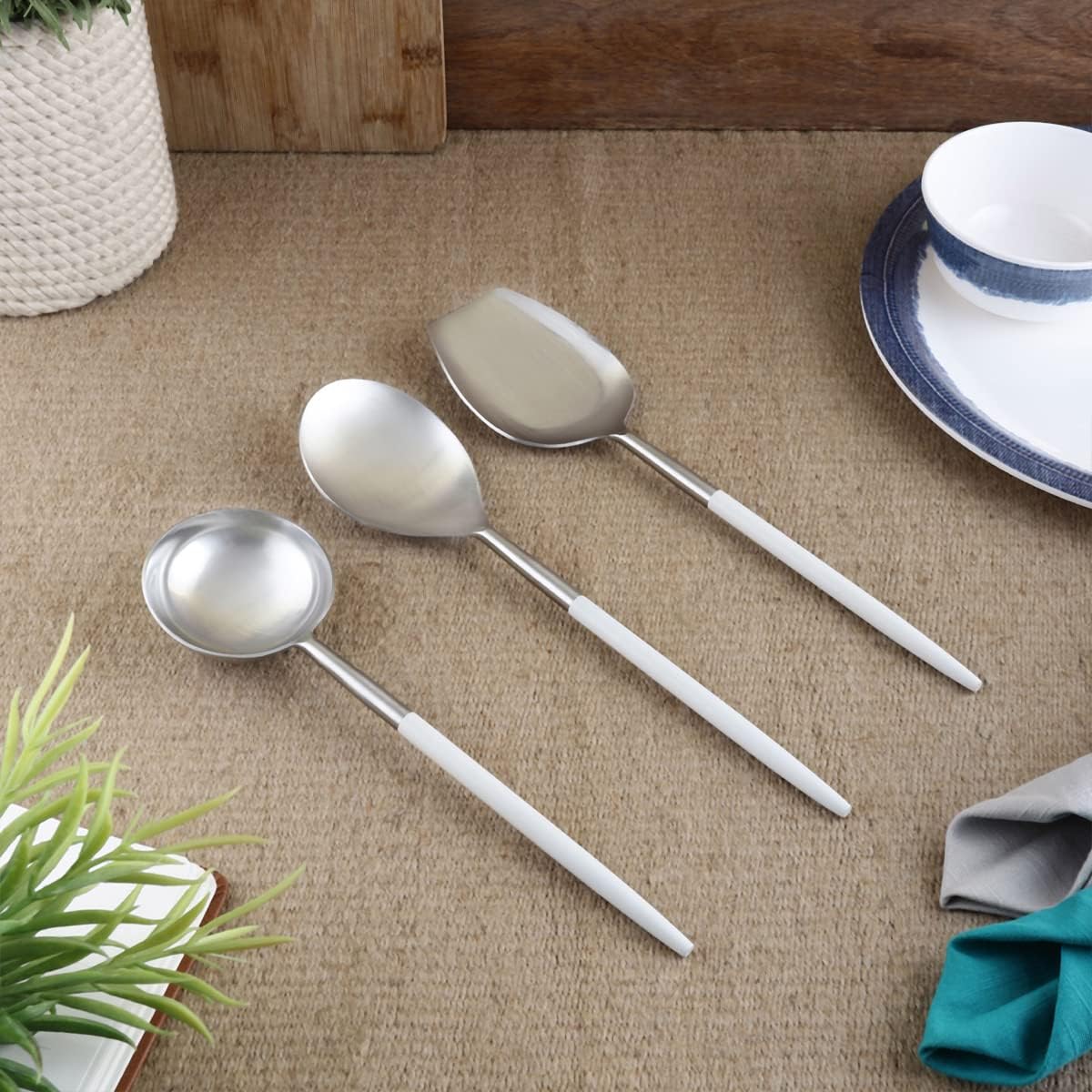 VarEesha Radiant White Handle Matt Steel Serving Spoons Set of 3 | Elegant Lead Free Stainless Steel Server Set for Dinner| Serving Spoons for Dining Table| Cutlery for Gifting