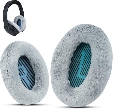 Professional Ear Pads for Bose QC35 ii QC25 QC2 QC15 Ae2 Ae2i Ae2w SoundTrue & SoundLinkOver-Ear, Memory Foam & White Fur, Ear Cushions for Winter, Outdoors, by Krone Kalpasmos - Grey Fur