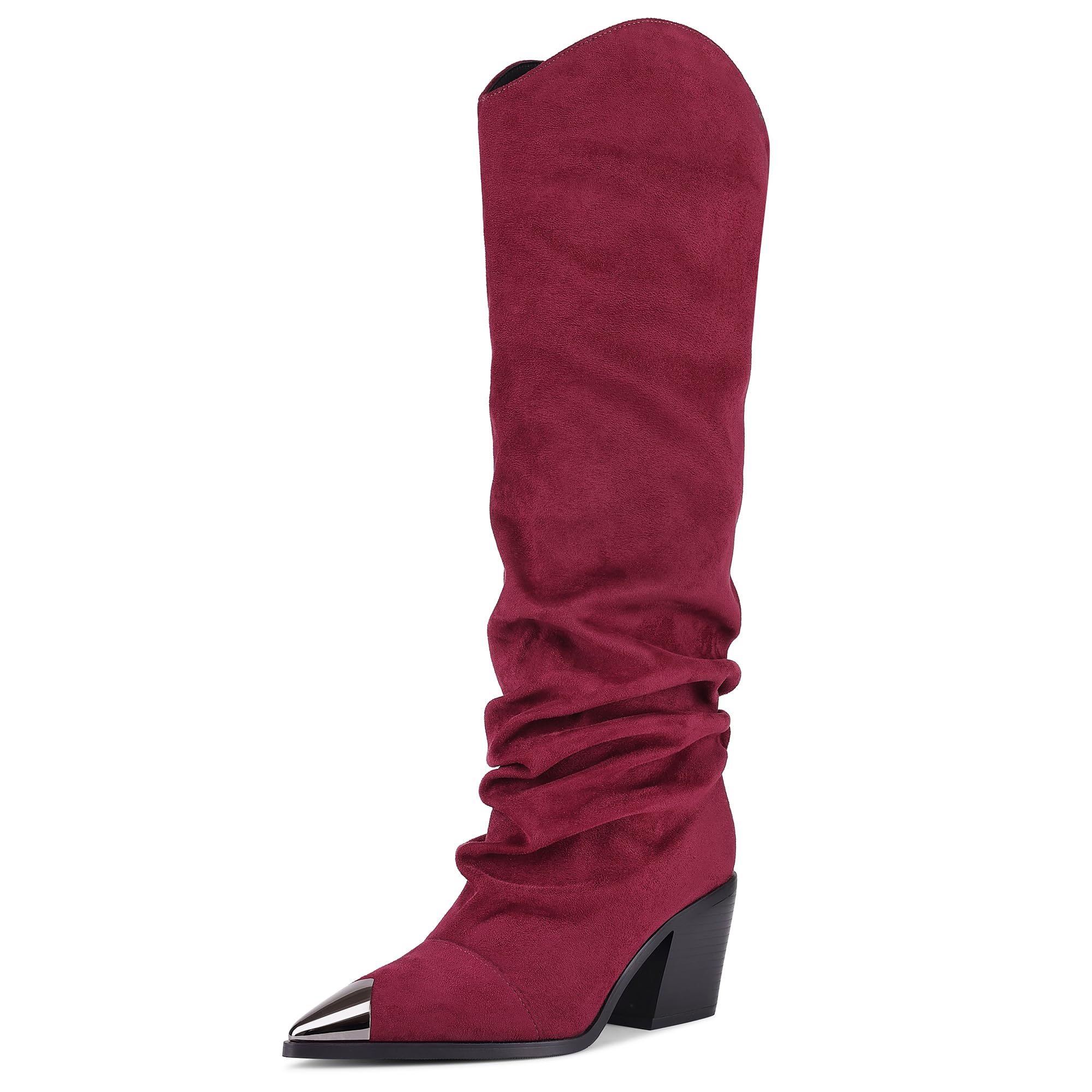 Womens Knee High Boots Metal Pointed Toe Chunky Block Heel Suede Cowboy Boots Slouchy Tall Boots For Women
