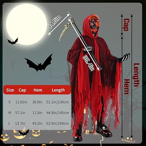 Miniatura 6 de Conjunto de disfraz de parca de Halloween, máscara de calavera LED, capa andrajosa, guantes de esqueleto, guadaña de calavera