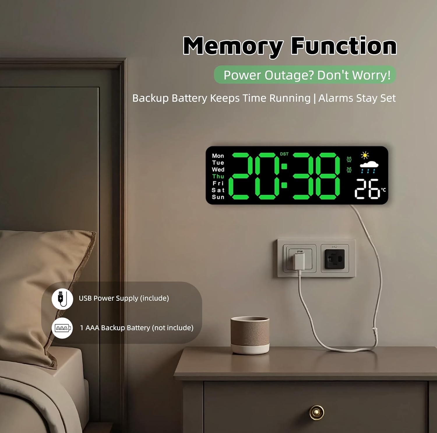 Large LED Digital Wall Clock with Alarm Timer - Auto Dimming Clock with Temperature, Weather and Calendar, Remote Control, Classroom Décor, for Bedroom, Office, Living Room (Green)