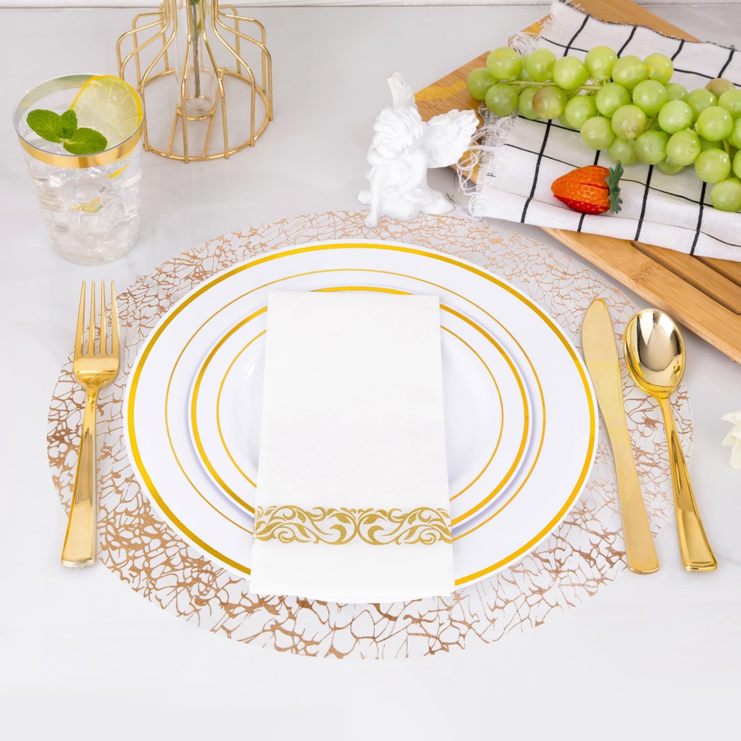 Hysenm 100 Pcs Disposable Champagne Placemats Set Metallic 13 Inch Round Table Doilies, Ultra-Thin Messy Lines Disposable Placement Mats for Home Decoration Dining Table Wedding Birthday Party