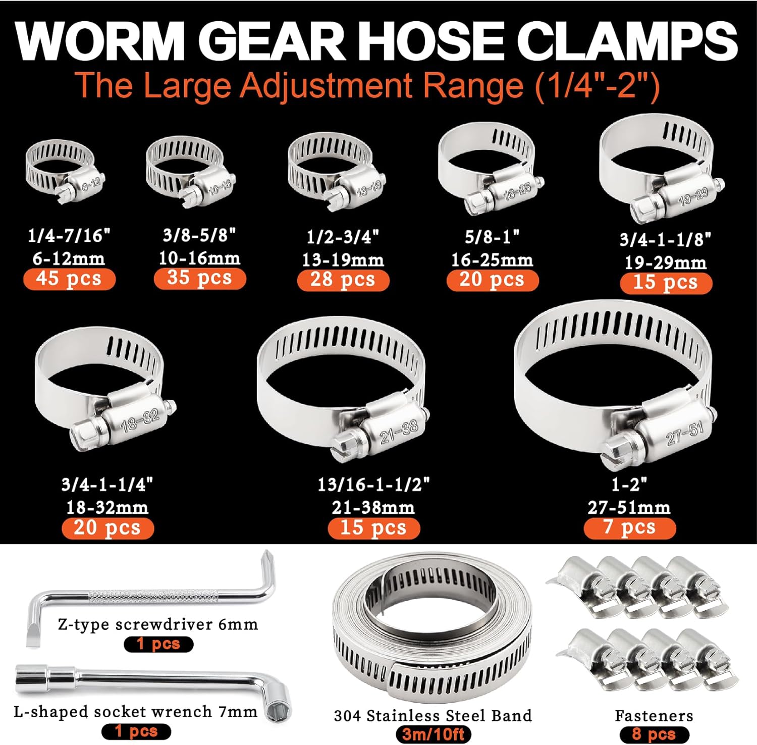 185Pcs Stainless Steel Hose Clamps Assortment Kit 1/4"to 2"(6-51mm)+10FT Metal Strap+8Pcs Fasteners Adjustable Worm Gear Hose Clamps for Automotive/Garden/Water Pipe/Sprinkler Line/Fuel Line