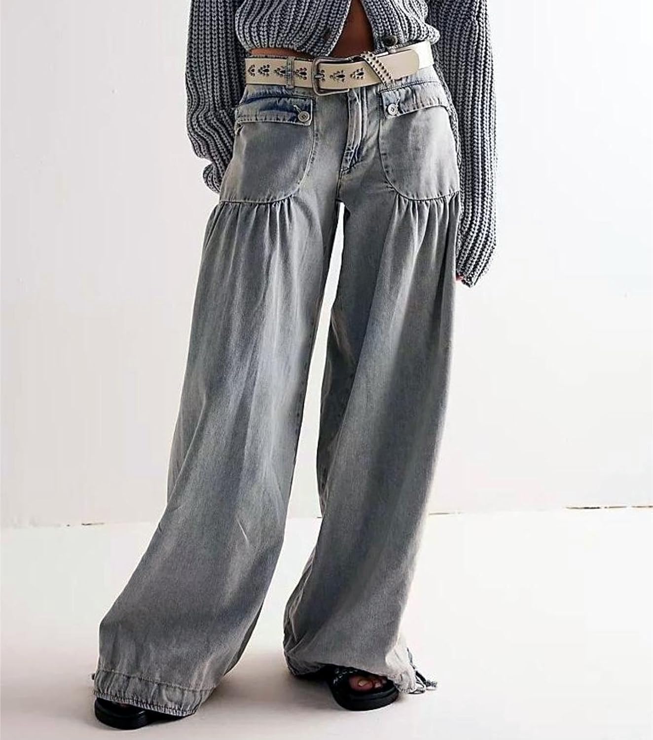 yoeasy Women's Lotus Tube Jeans Mid Rise Baggy Wide Leg Barrel Jeans Drawstring Ankle Denim Pants with Pockets - Image 2