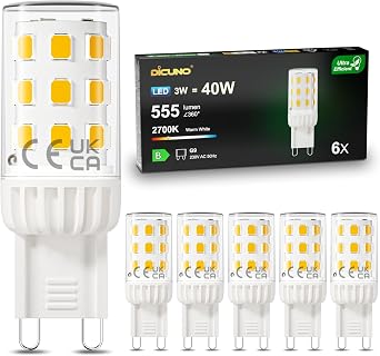 DiCUNO G9 LED Bulbs Class B, 3W=40W, Warm White 2700K, 555LM, 6 Pcs [Energy Class B]