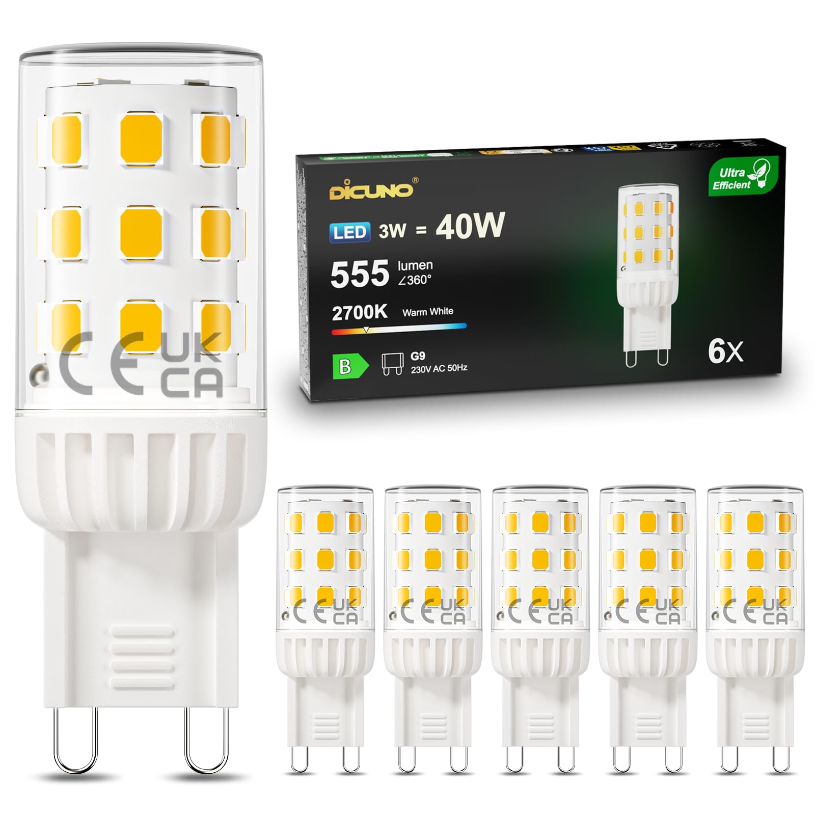 DiCUNO G9 LED Bulbs Warm White 2700K, 3W 555LM Energy Saving G9 LED Light Bulbs, 40W Halogen Equivalent, Class B Lamps Home Lighting Decor, Non-dimmable, 6 Pcs