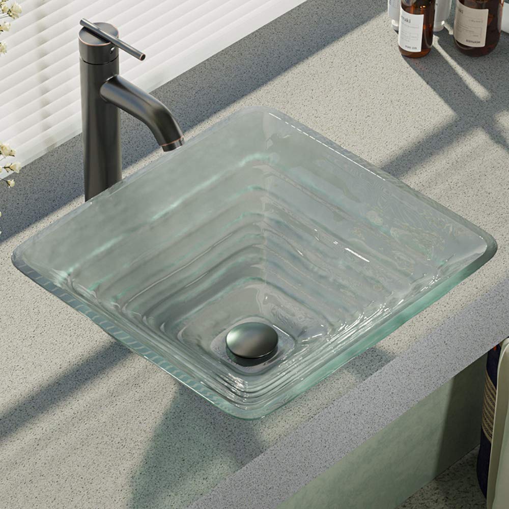 R5-5004-R9-7001-ABR Glass Vessel Sink with Antique Bronze Vessel Faucet, Sink Ring, and Vessel Pop-Up Drain 7001 R5-5004-R9-7001-ABR 1