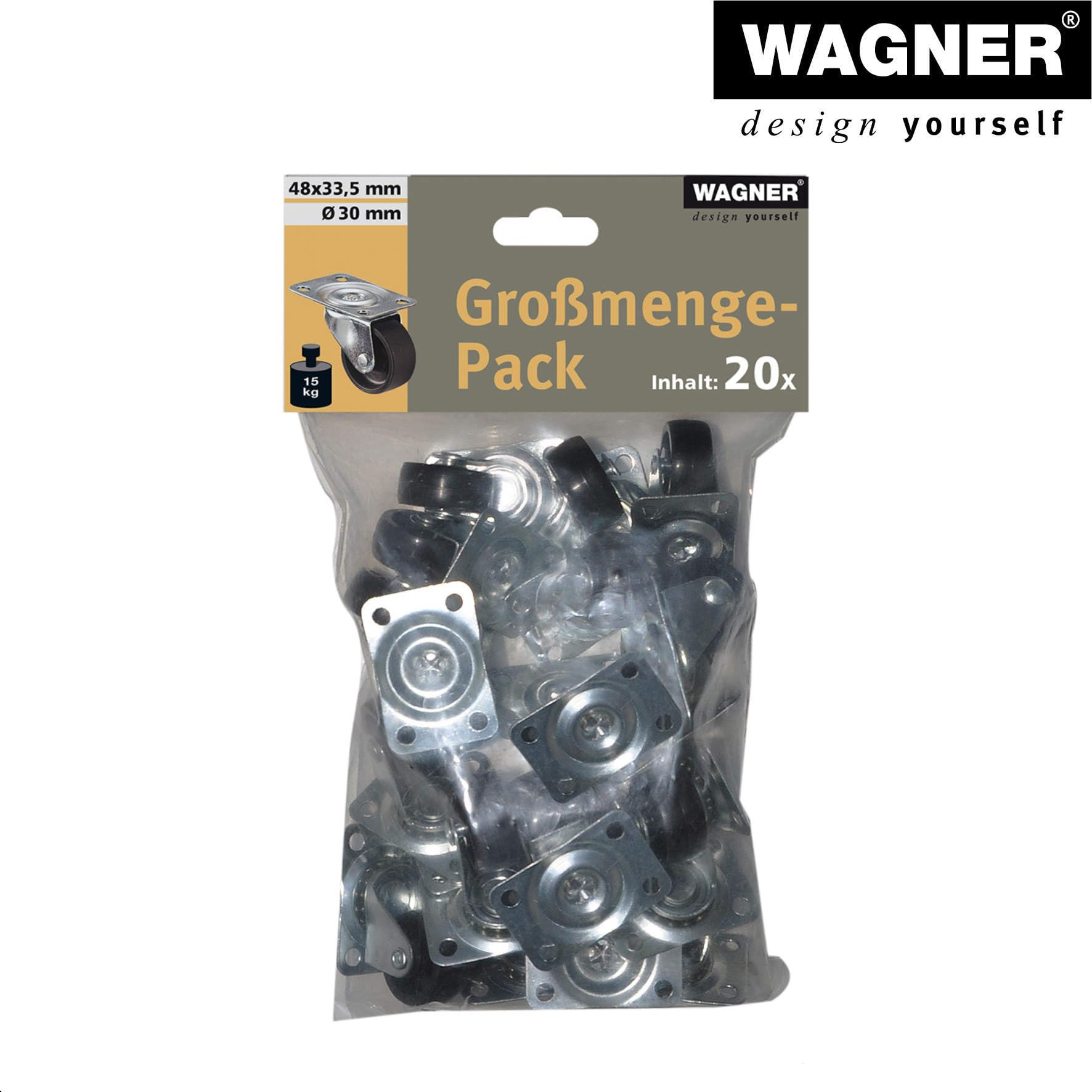 Wagner 02210920 Lot de 20 roulettes pivotantes pour meuble, diamètre 30 mm, hauteur 40 mm, acier galvanisé, noir, plaque de fixation 34 x 48 mm, charge maximale 15 kg