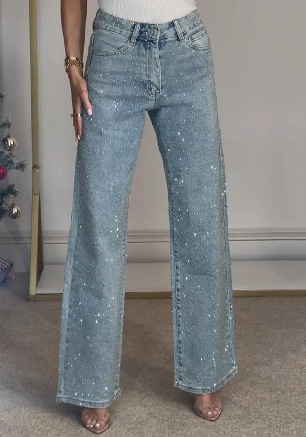 Famnbro Womens Rhinestone Jeans Baggy Y2K High Waisted Straight Wide Leg Sparkly Bling Glitter Denim Pants - Image 2