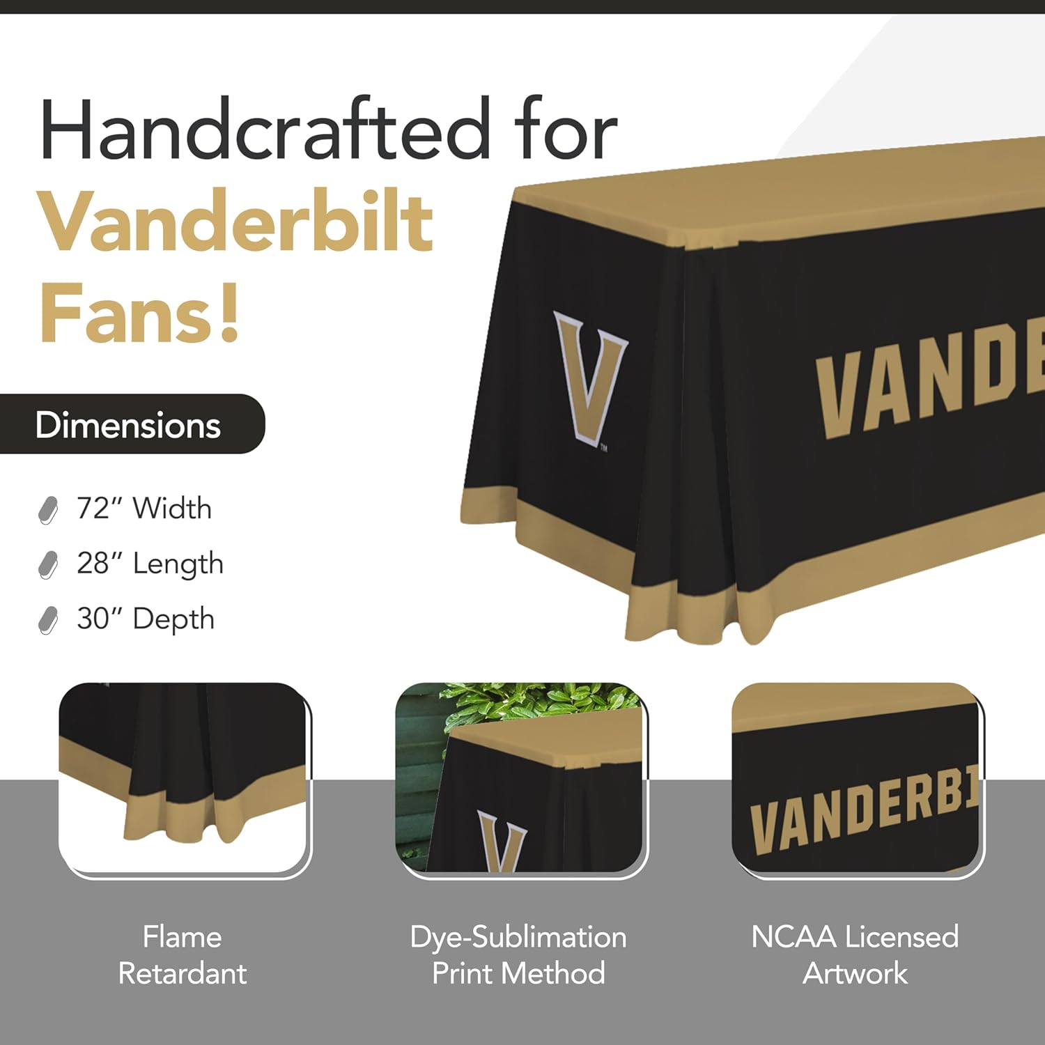 Vanderbilt Commodores College Sports Printed Table Throw - NCAA Licensed - Polyester - School Tablecloth (Black, Gold) (6' Draped)