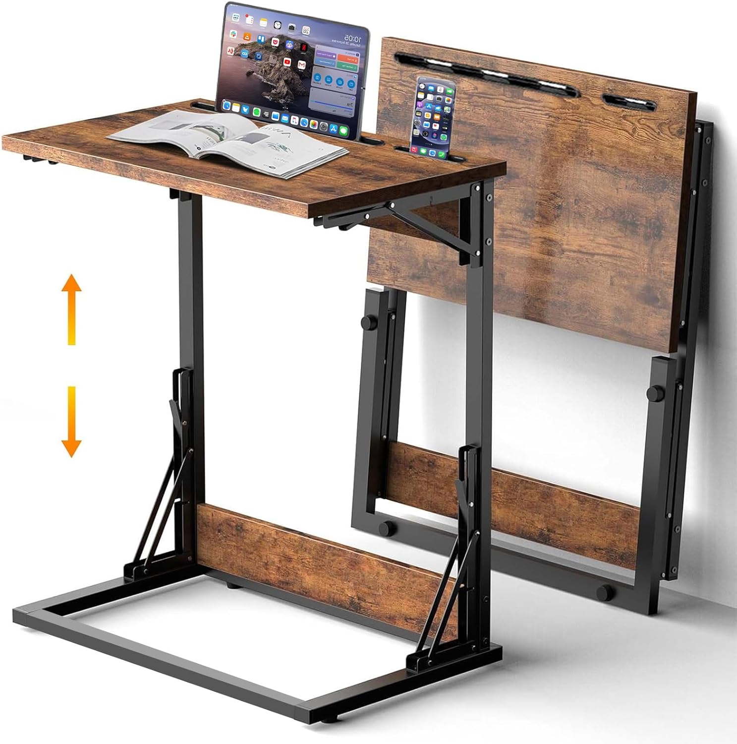 Folding TV Trays Set of 2,TV Dinner Tray Table,Adjustable Height TV Trays for Eating on Couch,C Shaped End Table with Tablet and Phone Slots,Foldable Side Table&Laptop Desk for Sofa&Bedside&Recliner