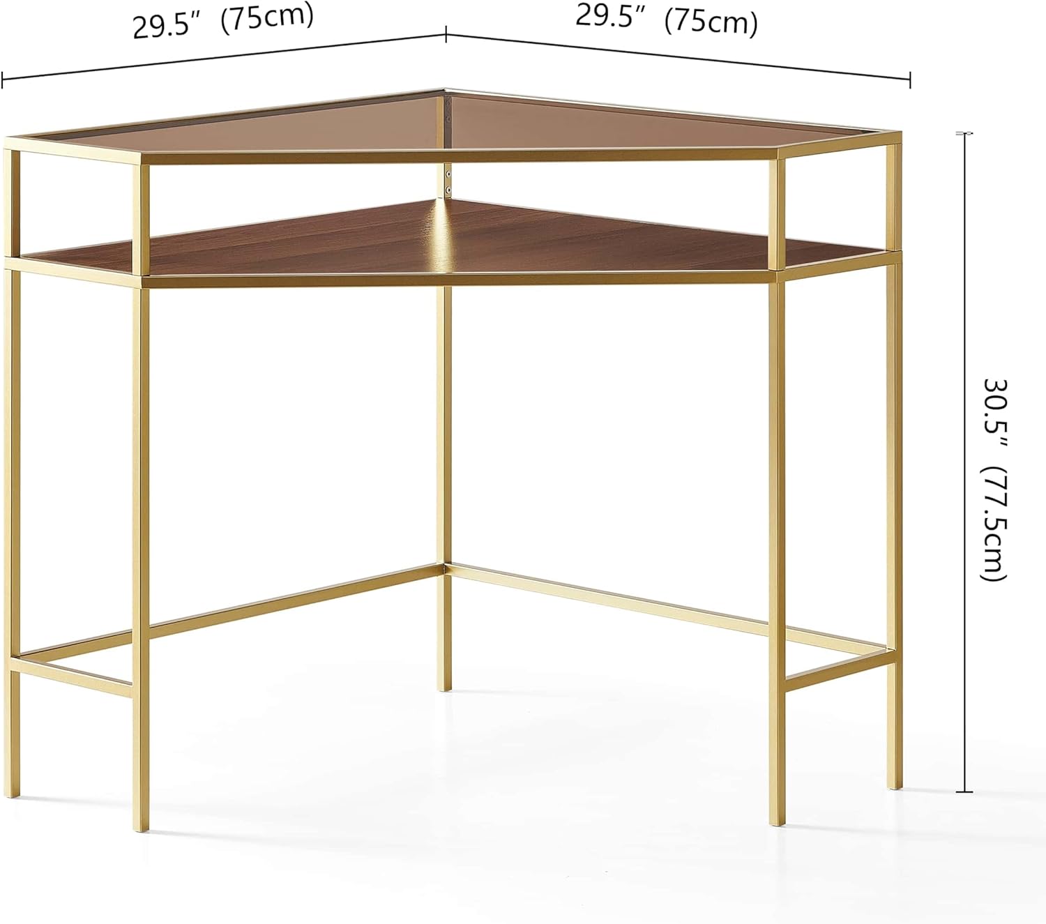 Corner Table for Small Space, Triangle Computer Desk for Living Room, Bedroom, Workstation, Office, 2-Tier Structure, Amber Glass Top and Walnut Shelf with Gold Finish Frame