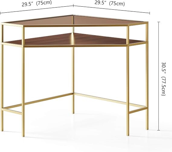 LumFurn Corner Table for Small Space, Triangle Computer Desk for Living Room, Bedroom, Workstation, Office, Amber Glass and Walnut Finish MDF Wood, Gold Finish Frame