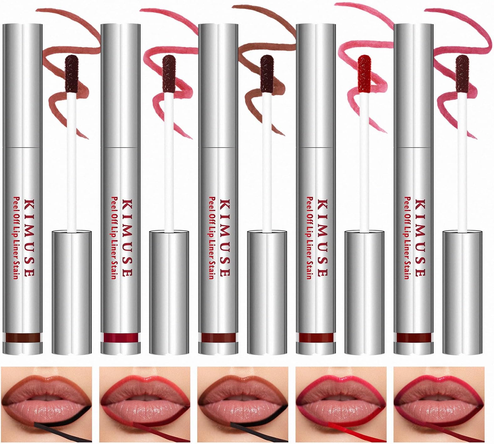 KIMUSE 5Pcs Peel Off Lip Stain, Lip Liner Stain Long Lasting, Waterproof, Transfer-Proof, Highly Pigmented Color Lip Tint Stain Set, Matte Finish