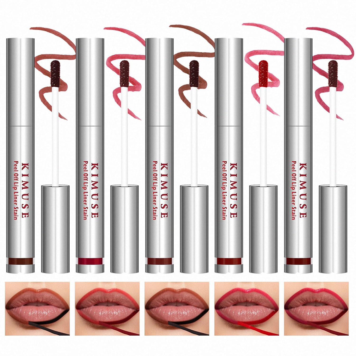 KIMUSE 5Pcs Peel Off Lip Stain, Lip Liner Stain Long Lasting, Waterproof, Transfer-Proof, Highly Pigmented Color Lip Tint Stain Set, Matte Finish