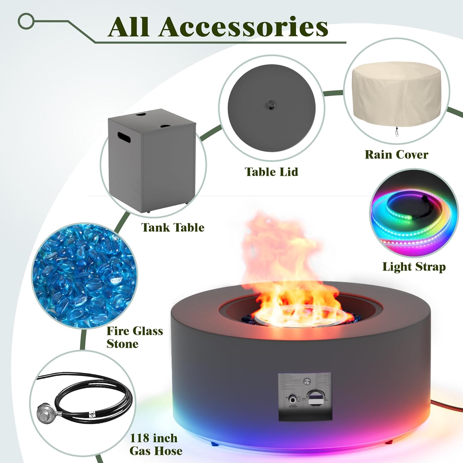 Dineli 2-Piece Outdoor Propane Fire Pit Table Set w Tank Table 30'' Round Fire Pit Table 2-in-1 Firepit Table for Outside Patio Gas Fire Pit w LED, 50,000 BTU, Dark Gray with RGB Light