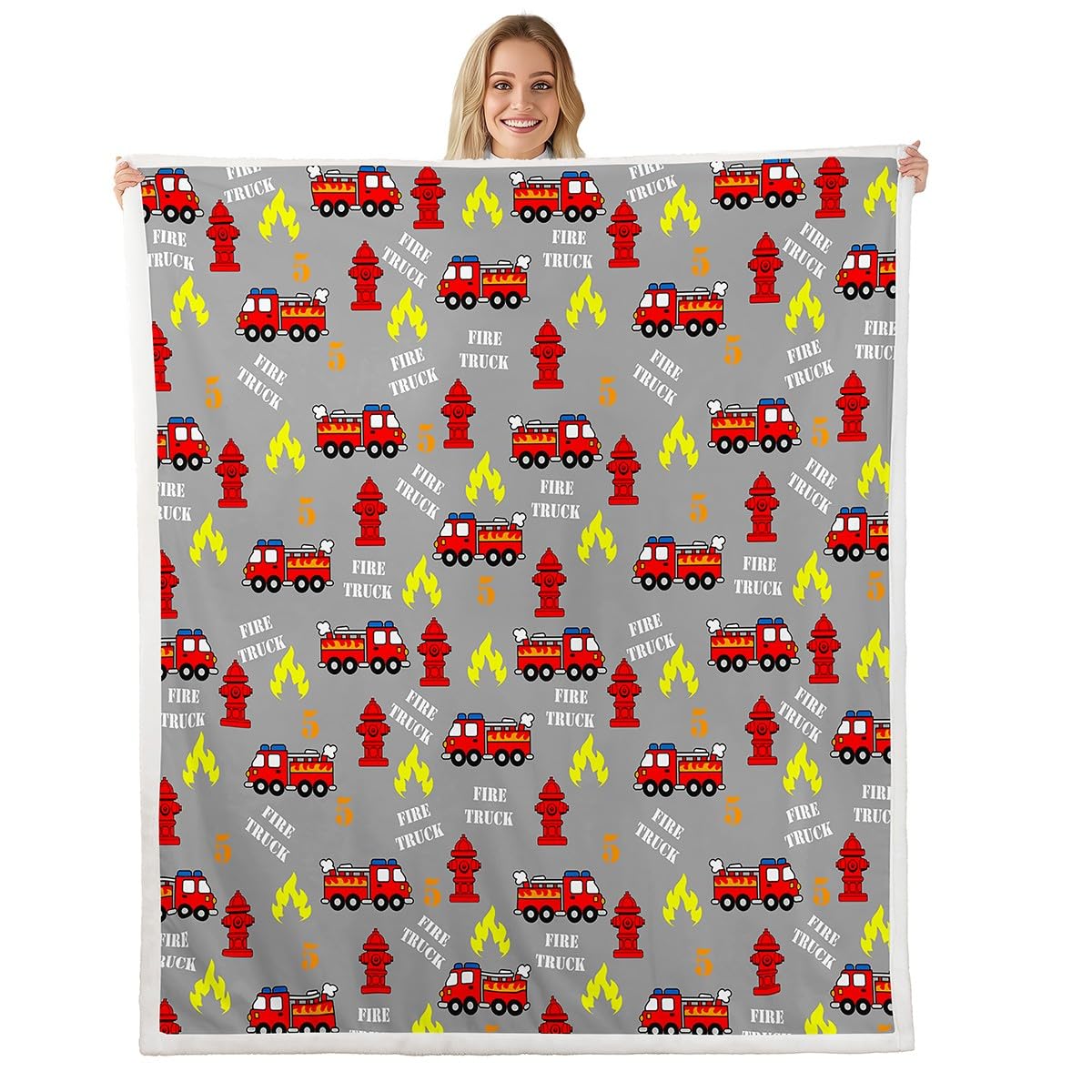Kids Firefighter Car Fleece Throw Blanket for Bed Couch Sofa Firemen Engine Vehicle Sherpa Blanket Fire Truck Pattern Plush Blanket Boys Girls Room