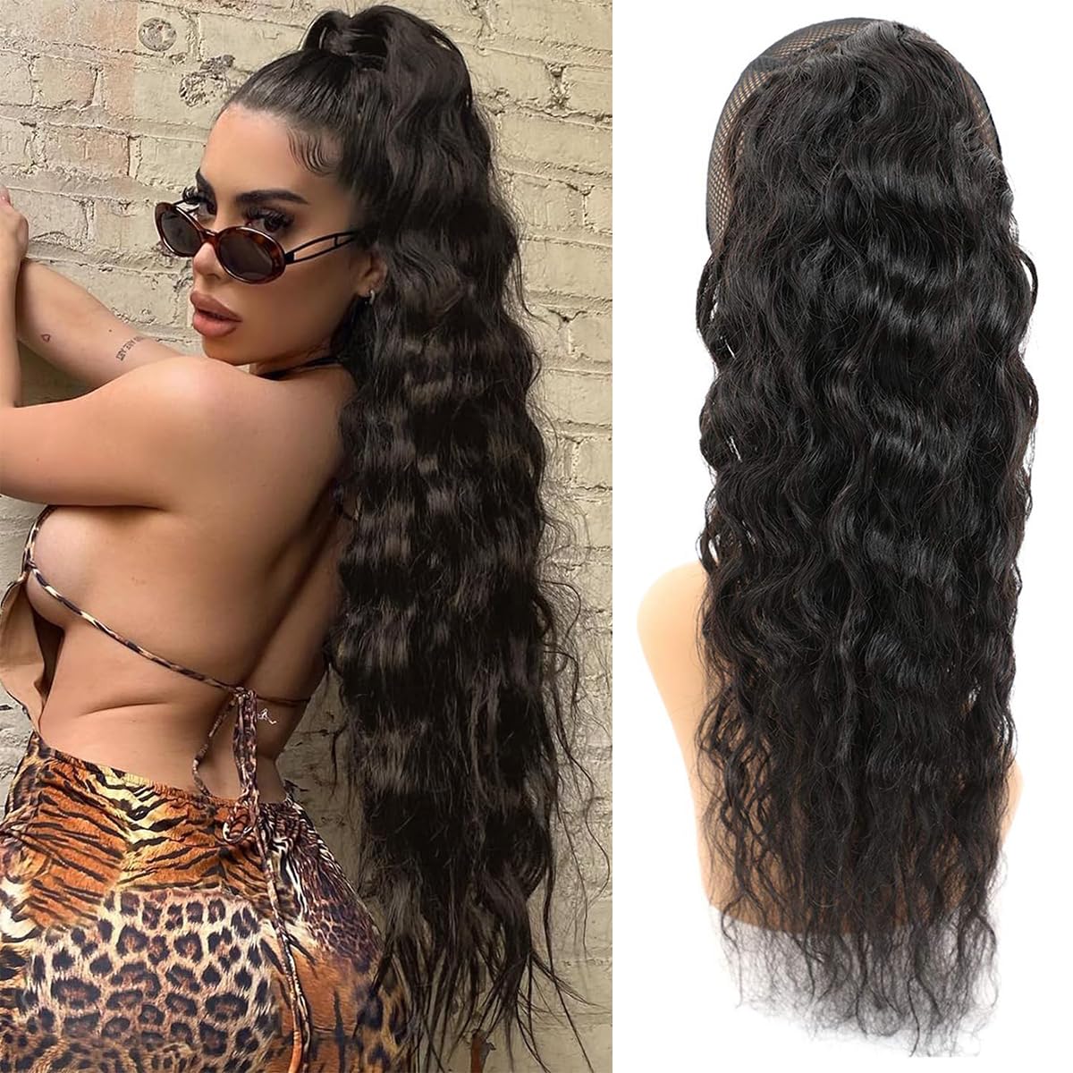 Water Wave Human Hair Drawstring Ponytail for Women, Natural Black Drawstring Corn Wave Ponytail Clip in Hairpiece, 100% Human Hair Ponytails