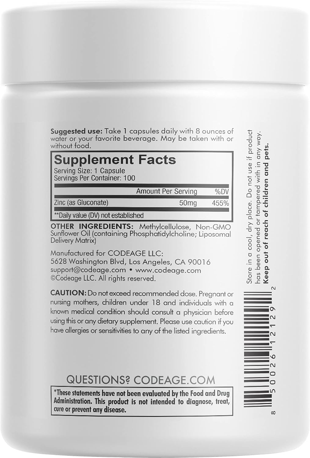 Codeage Liposomal Zinc Supplement – 3 Month Supply – One Per Day - 50 mg Zinc Gluconate Vitamin Pills - Essential Mineral Supplements Zinc Plus Liposomal Delivery Matrix – Vegan Non-GMO - 100 Capsules : Health & Household