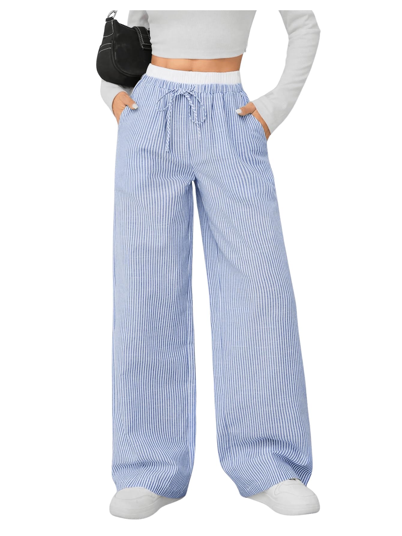 Floerns Womens Striped Wide Leg Pants High Elastic Waist Casual Trousers with Pockets