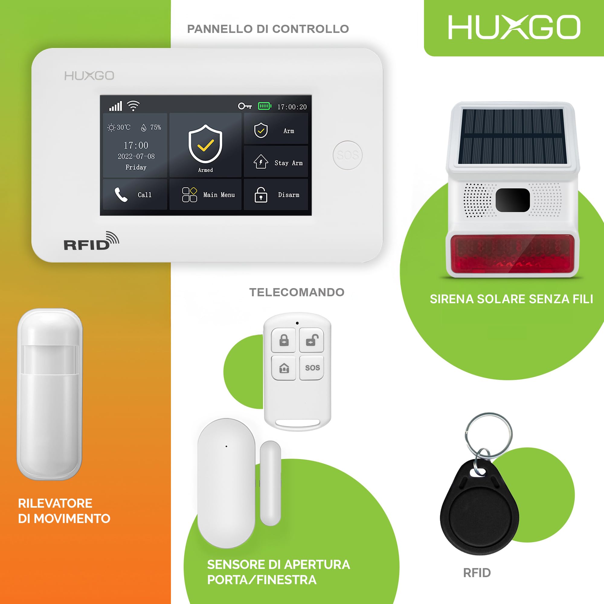 HXA006 Allarme casa senza fili WiFi + GSM 4G con wireless Sirena solare | Kit allarme con 1x rilevatore di movimento, 9x sensori per porte e finestre, telecomando | Compatibile con TUYA